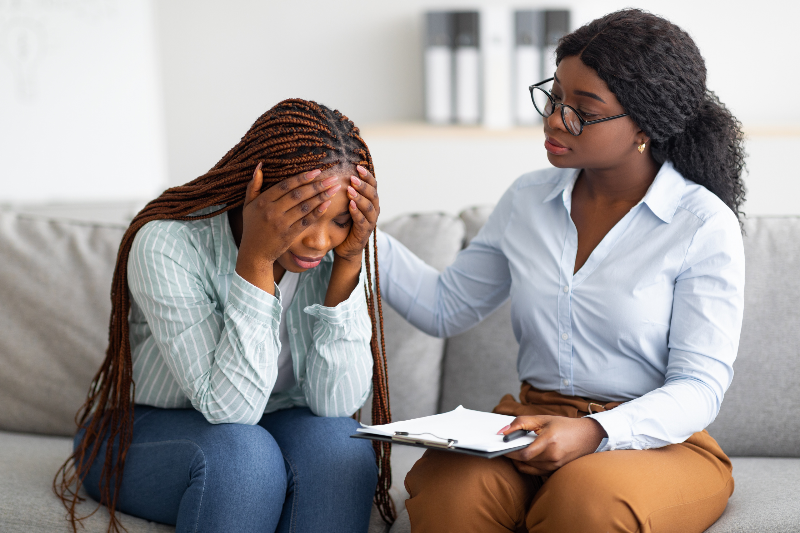 Upset,Black,Lady,With,Nervous,Breakdown,Consulting,Psychologist,,Having,Session